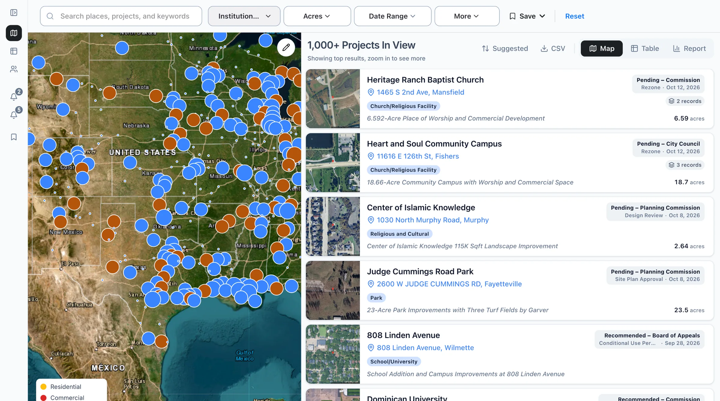 The Boardwalk map filtered to public buildings, schools, and parks projects, with the list of projects beside it.