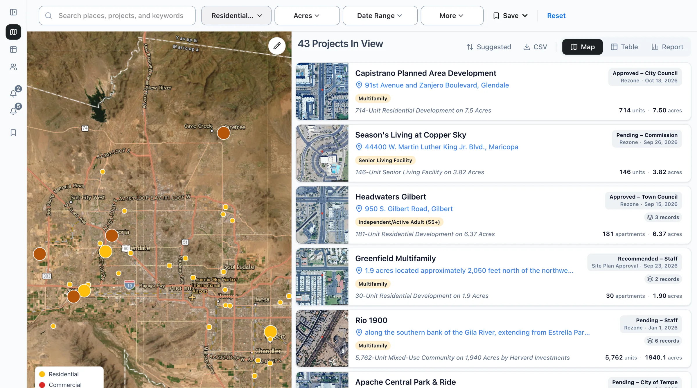 The Boardwalk map filtered to multifamily projects, with the list of projects beside it.