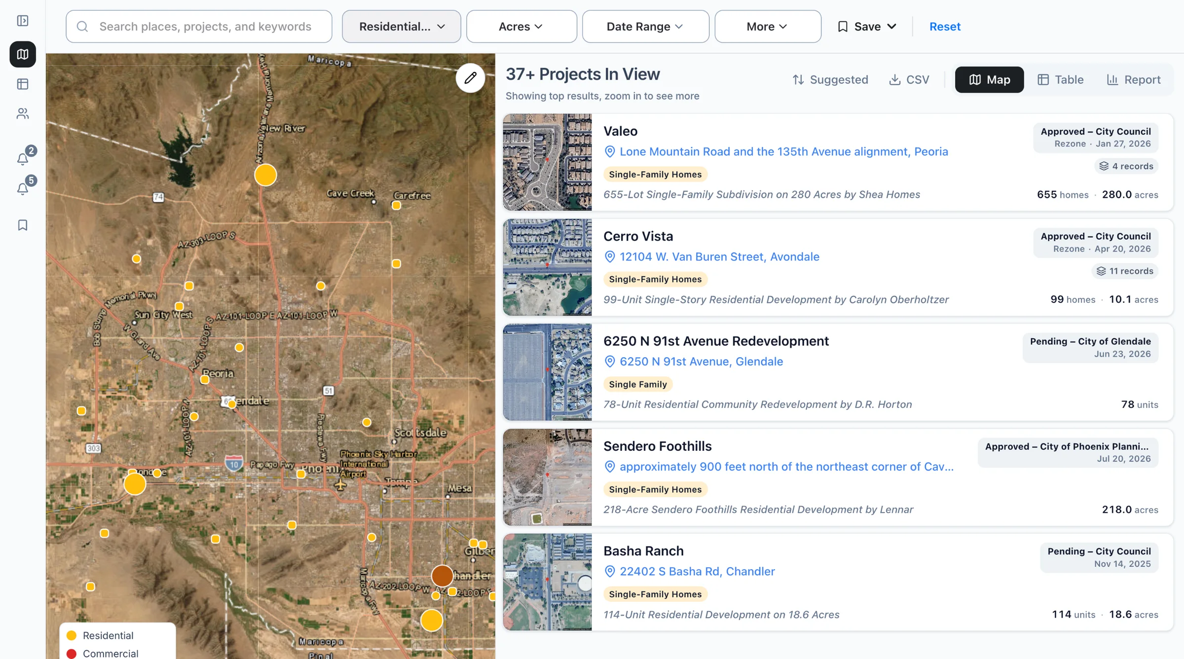 The Boardwalk map filtered to single-family projects, with the list of projects beside it.