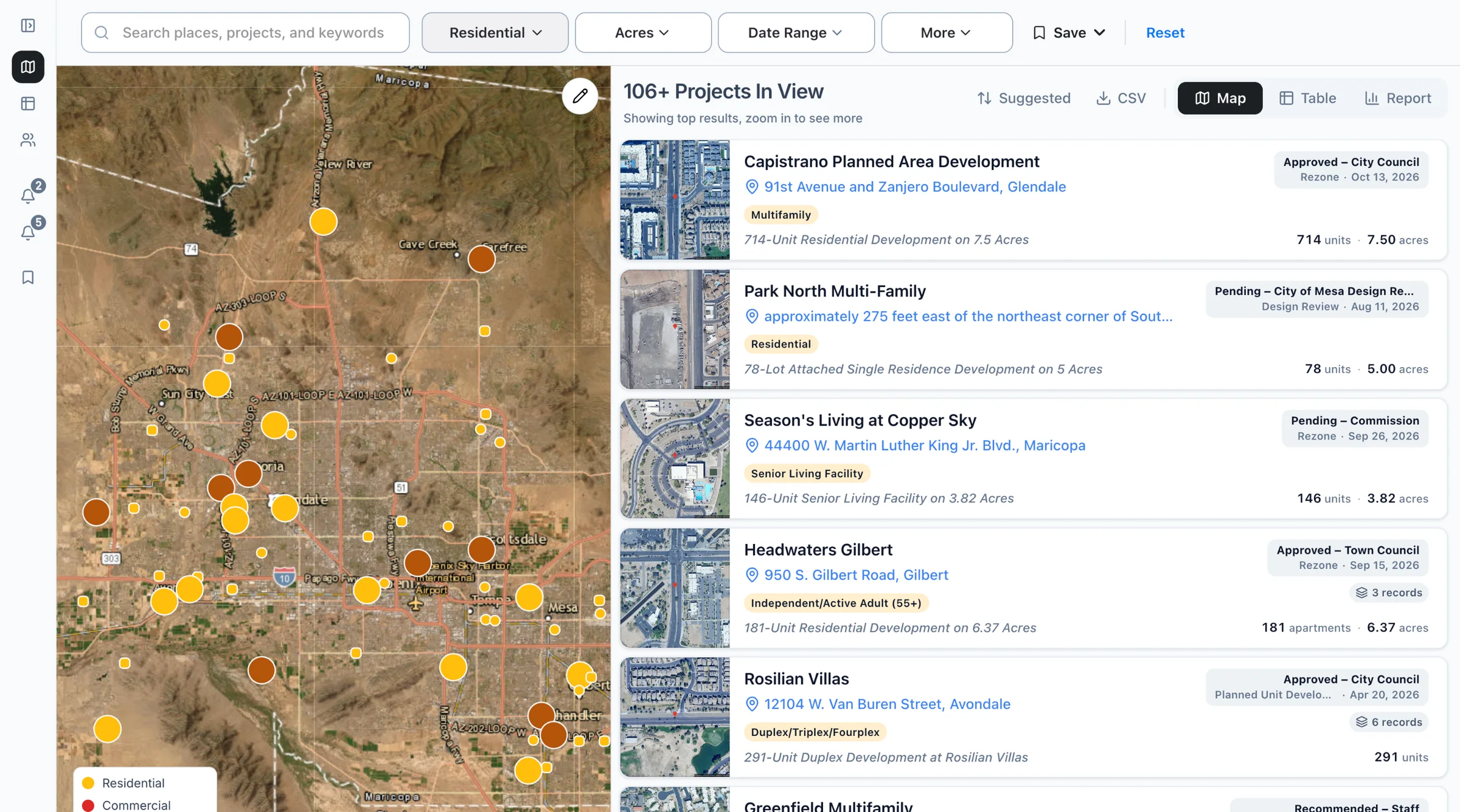 The Boardwalk map filtered to residential projects, with the list of projects beside it.