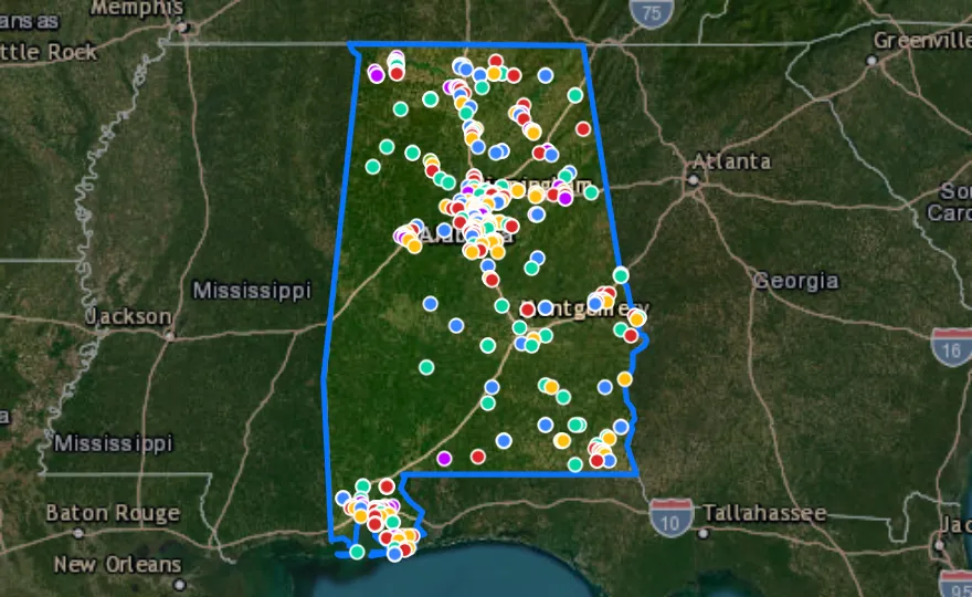 Map of Alabama with recent planned projects from public meetings