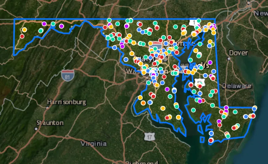 Map of Maryland with recent planned projects from public meetings
