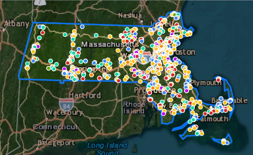 Map of Massachusetts with recent planned projects from public meetings