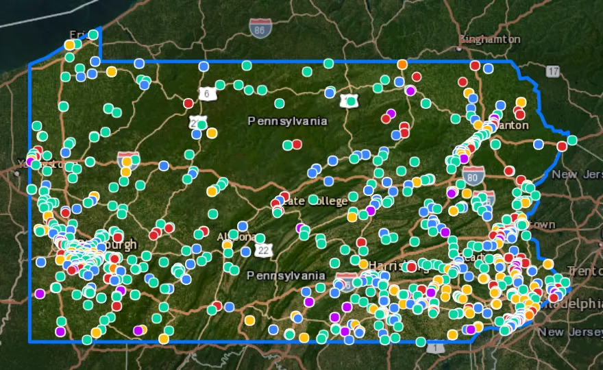 Map of Pennsylvania with recent planned projects from public meetings