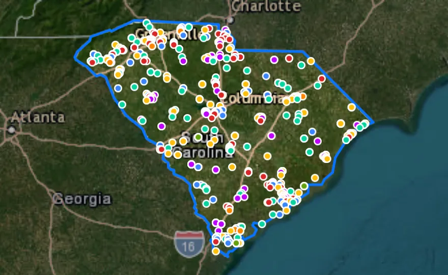 Map of South Carolina with recent planned projects from public meetings