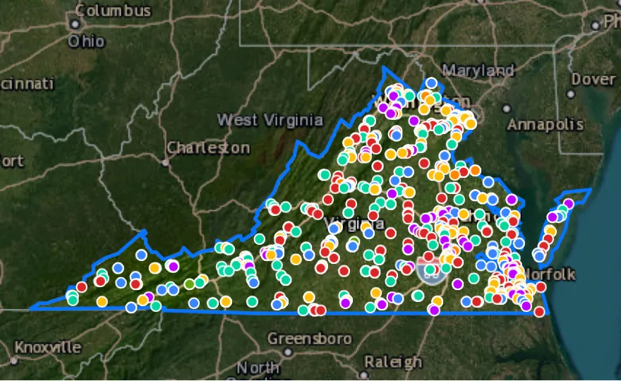 Map of Virginia with recent planned projects from public meetings